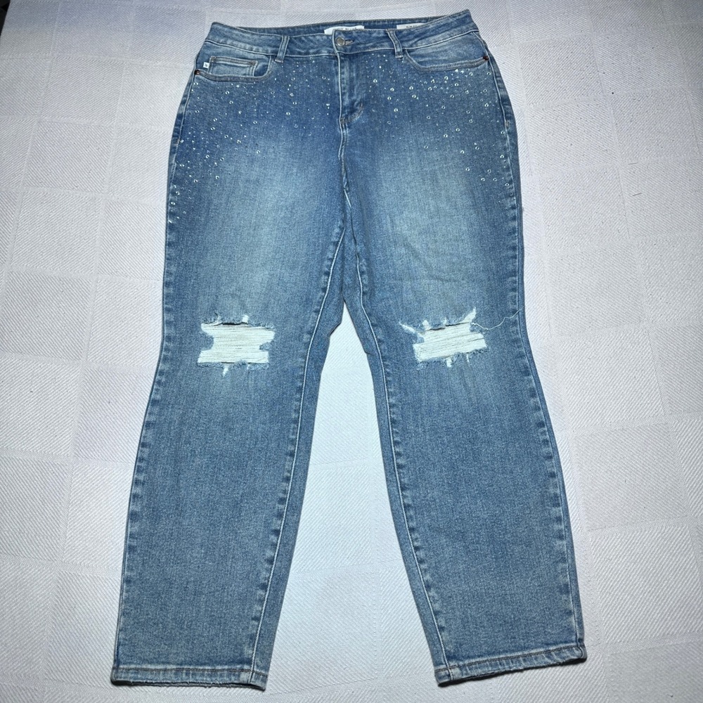 Judy Blue Slim Fit Jeans Womens 14W Distressed Rhinestone Medium Wash Blue